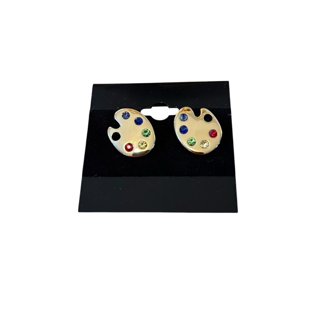 Colorful Multi-Colored Stone Post Earrings on Gold Toned Artist Palette.